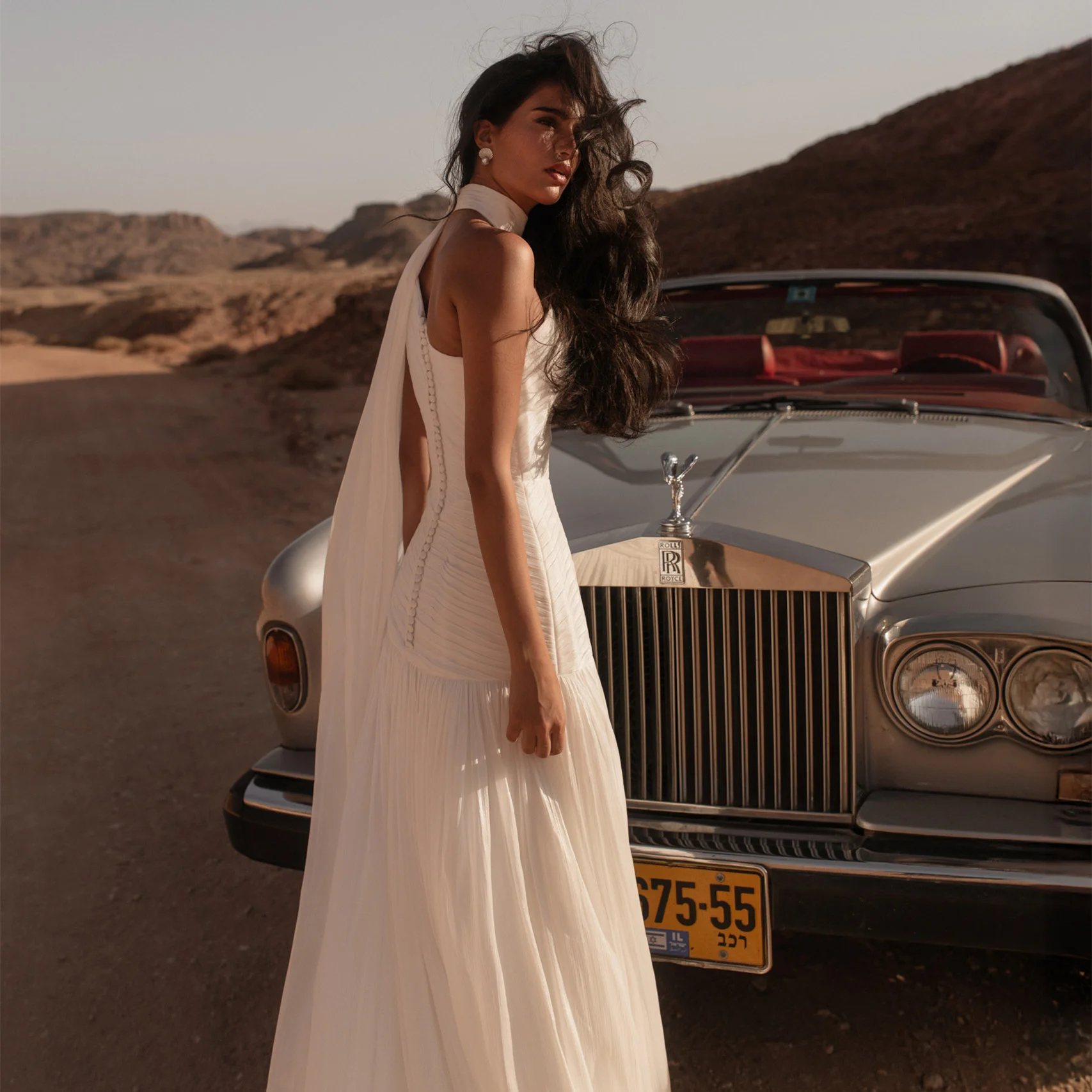 One Shoulder High Neck Pleated Chiffon Wedding Dress With Flowing Cape A Line Floor Length Bridal Gown Back Button Design Simple