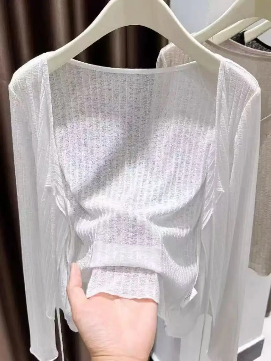 Spring Summer Short Knitted Shawl Coat Long Sleeve UV Protection Lightweight Breathable Tie Drape Top Women's Fashion Outerwear