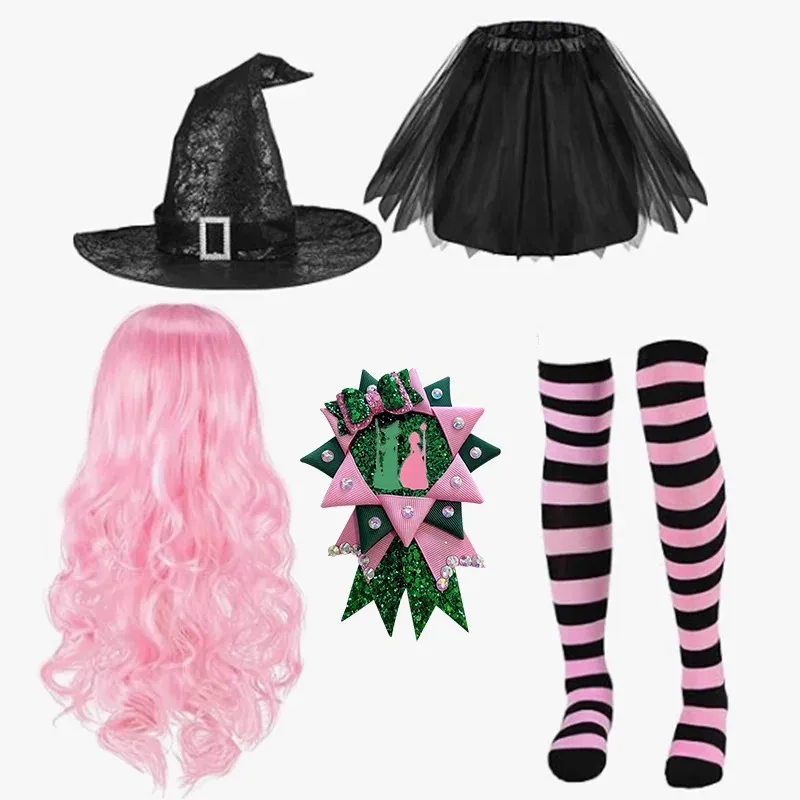 Movie Wicked Elphaba Glinda Cosplay Costume Tutu Skirt Witches Hat Badge Wig Sets Women Halloween Carnival Party Accessories