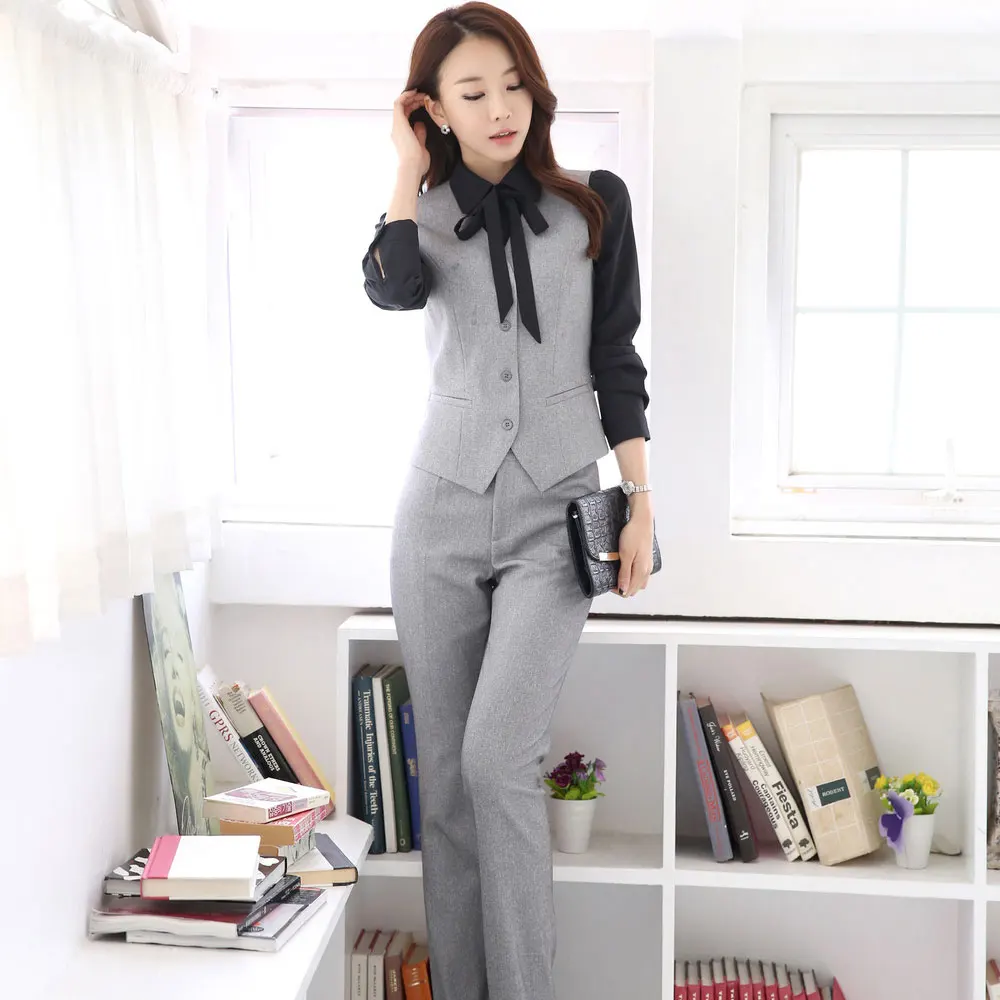 IZICFLY Spring Summer Style Gray Waistcoat And Pants Set For Woman Suits Lady Suit Office Vest Elegant Slim Business Formal Wear