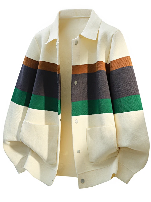 

Мужской вязаный кардиган, свитер, весна-осень, новый цвет, блузка в полоску, джет, воротник на пуговицах, верхняя одежда, повседневный трикотаж