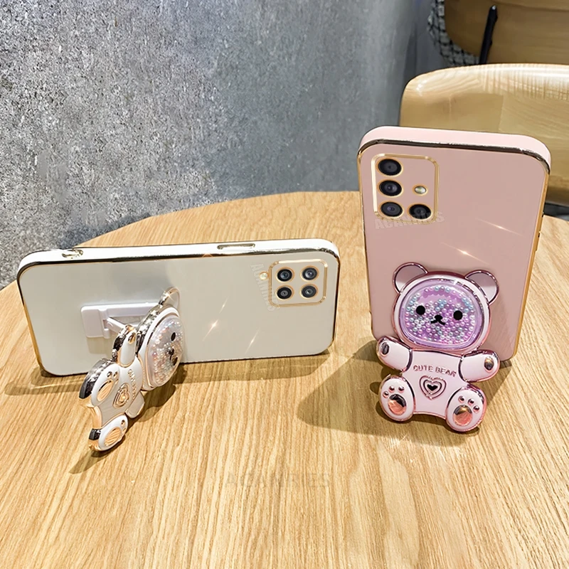 A 51 71 31 Cute Plating Quicksand Bear Holder Case For Samsung Galaxy A51 A71 4g A31 A12 A22 5g Silicone Stand Cover M32 M33 M53