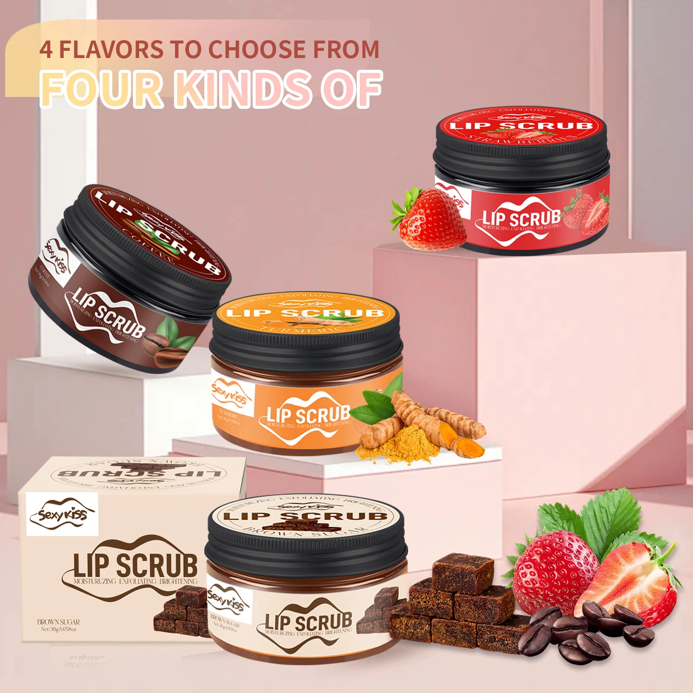 Strawberry, Coffee, brown Sugar, Turmeric Lip Scrub 30g Exfoliator moisturizes, brightens and smoothes lips for a long time