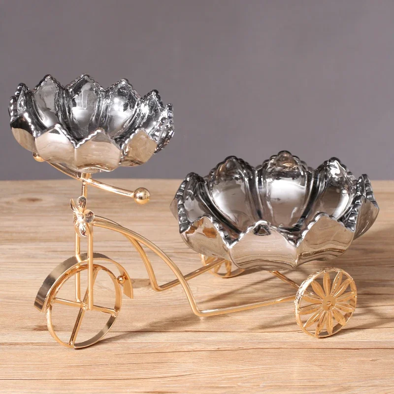 Light luxury creative bicycle crystal glass fruit plate multi-layer household living room candy dried fruit plate