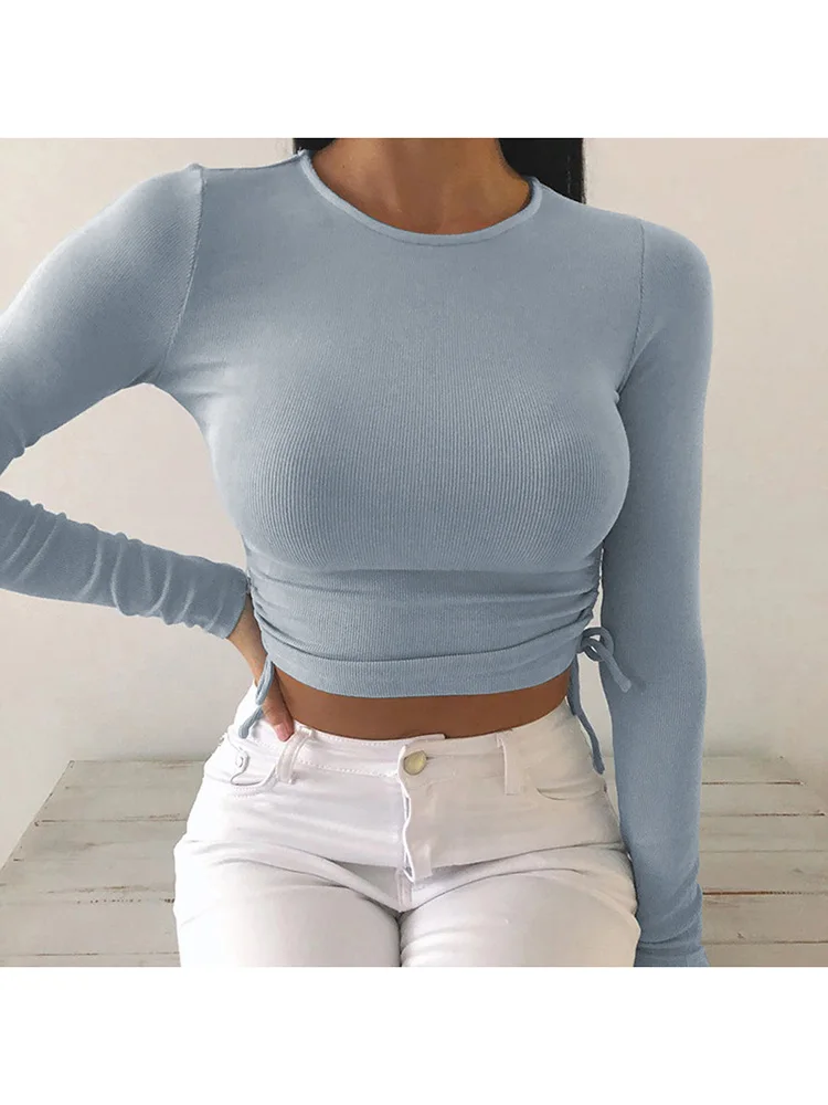 

Sexy O-Neck Long Sleeve Bodycon Cropped Tops Autumn 2020 Women Irregular Drawstring Bandage Knitted Solid T-Shirt