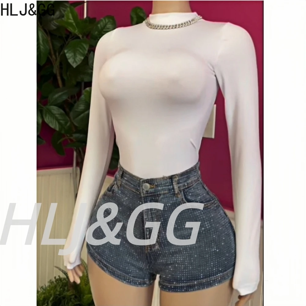 HLJ&GG Trend Rhinestone High Quality Denim Shorts Two Piece Sets Women Long Sleeve Bodysuits + Shorts Outfits Fashion Streetwear