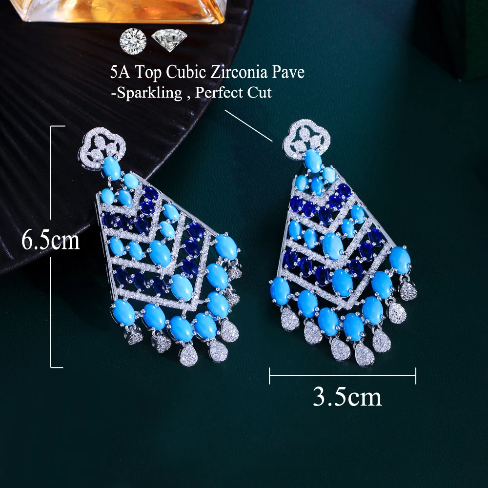 CWWZircons Luxury Chunky Blue Turquoise and White Cubic Zirconia Dangle Tassel Drop Long Party Wedding Earrings for Women CZ782