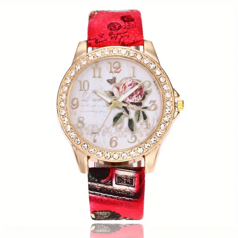 Boho Rhinestone Decor Quartz Watch Rose Flower Dial Analog PU Leather Dress Watch For Women