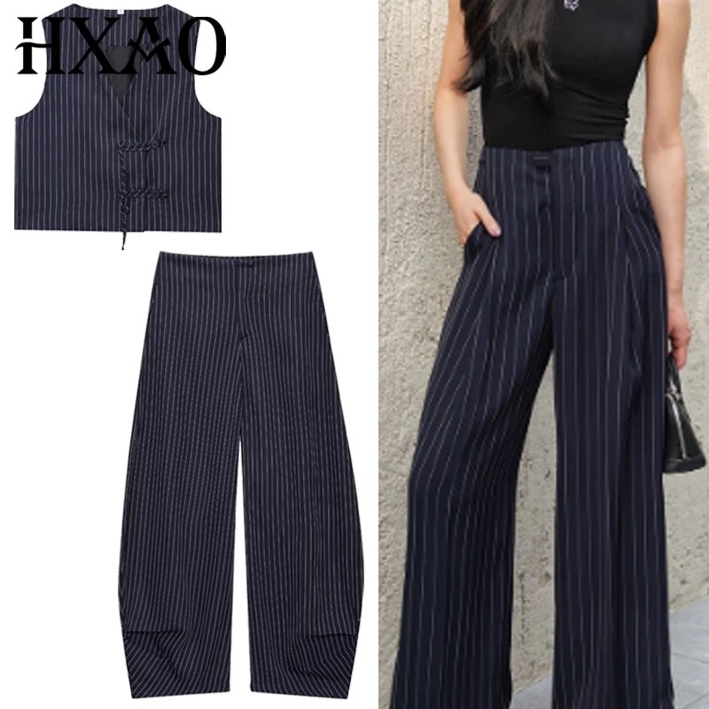 

HXAO Комплекты брюк в полоску Женский комплект из двух предметов Укороченный льняной жилет на пуговицах Женский наряд Комплекты широких брюк с воздушным шаром