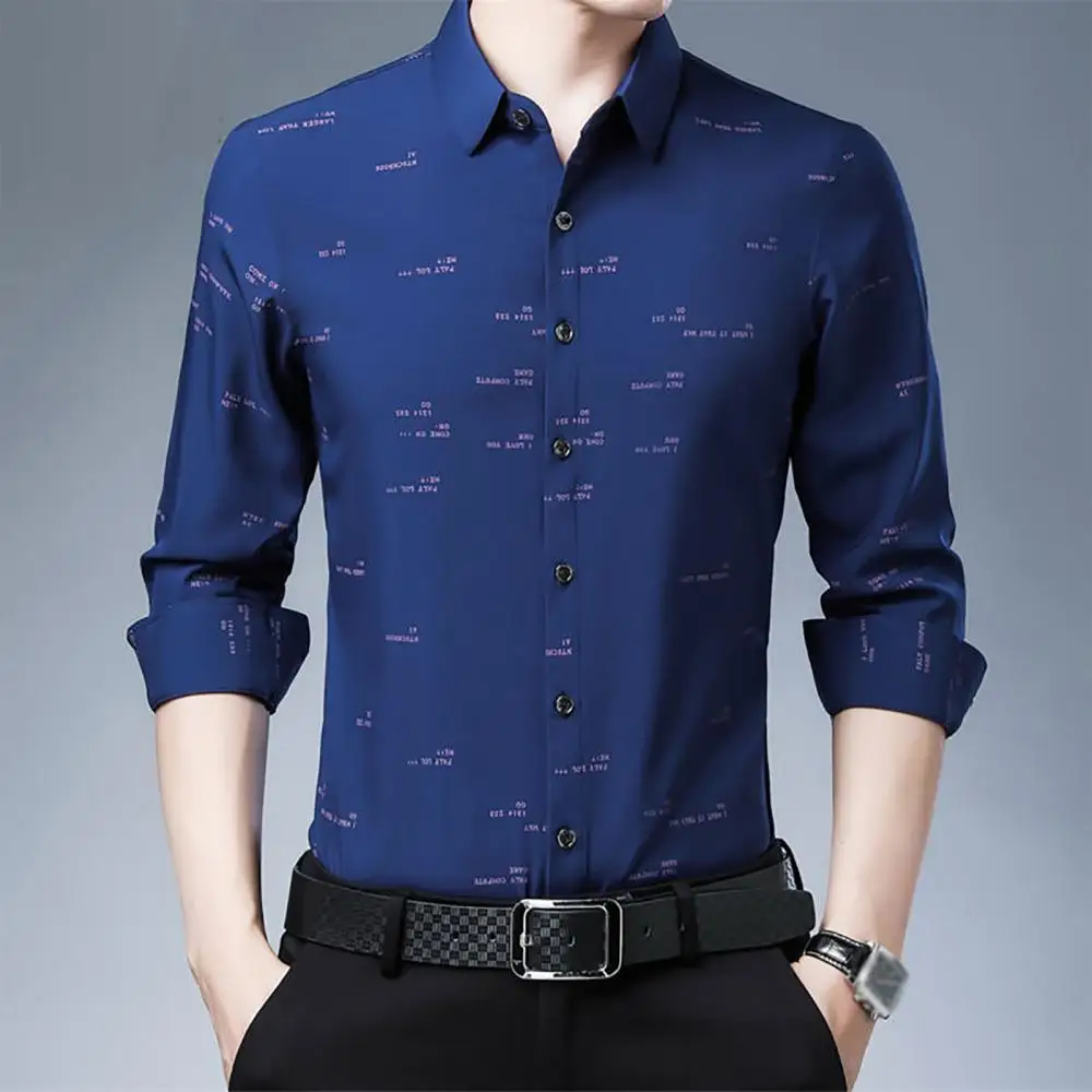 Camisa de negocios de alta gama para hombre, camisa de manga larga con cuello vuelto, estampado de letras/rayas, botones, Top informal