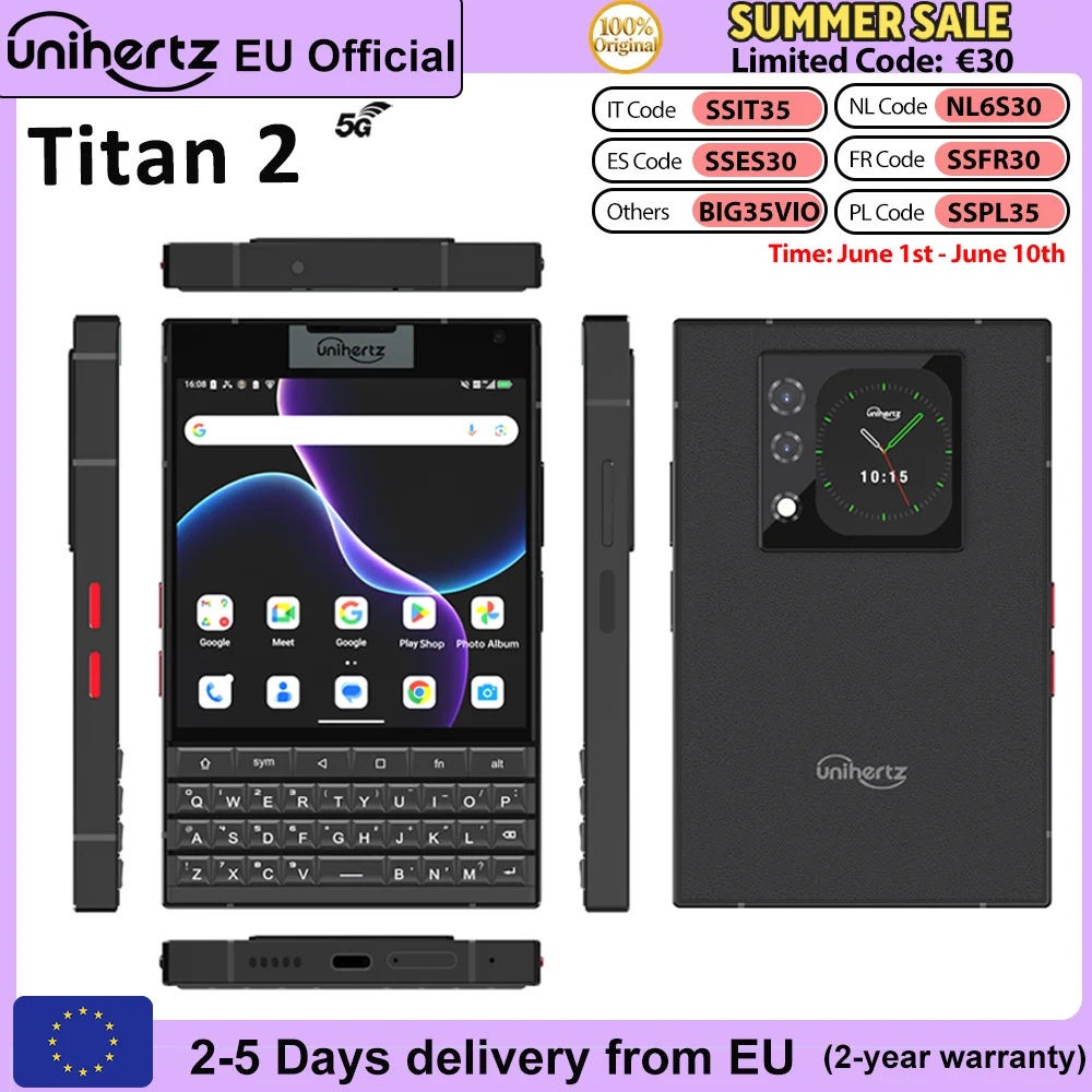 Unihertz Titan 2 Smartphone Android 15 avec clavier physique 5G 512GB 12GB double écran 50MP caméra double SIM 5050mAh batterie