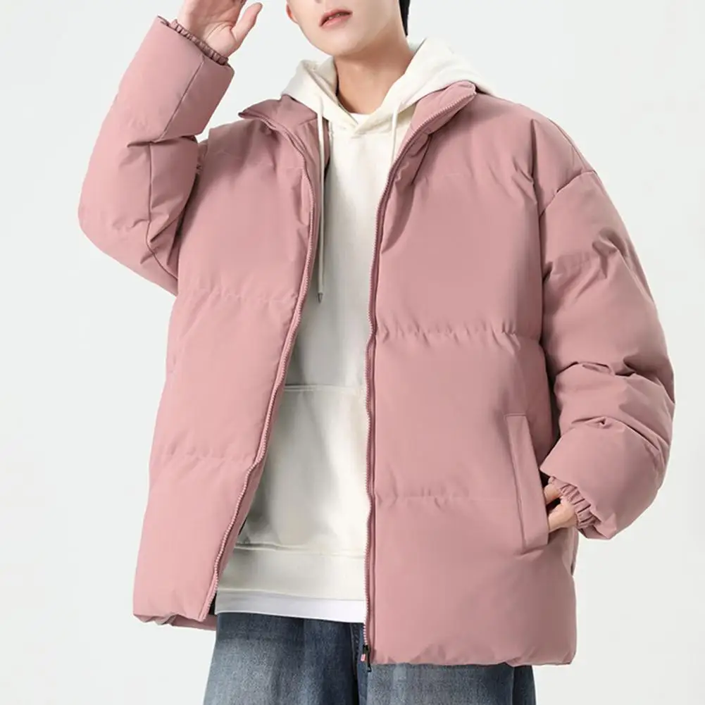 Men Cotton Jacket Stand Collar Long Sleeve Zipper Placket Thickened Down Coat With Pockets Solid Color Quilted Outwear