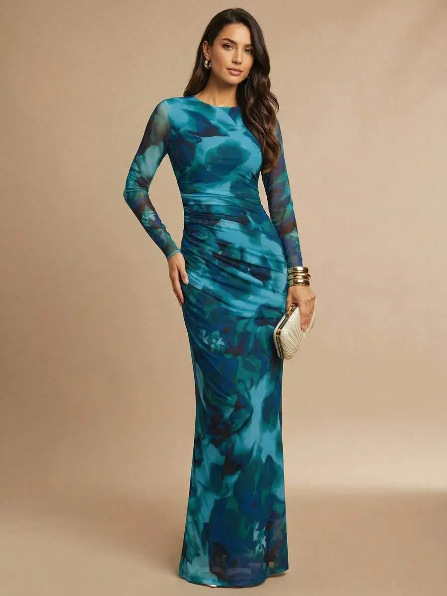 

Elegant Blue Abstract Print Mesh Maxi Dress with Ruched Waist and Long Sleeves