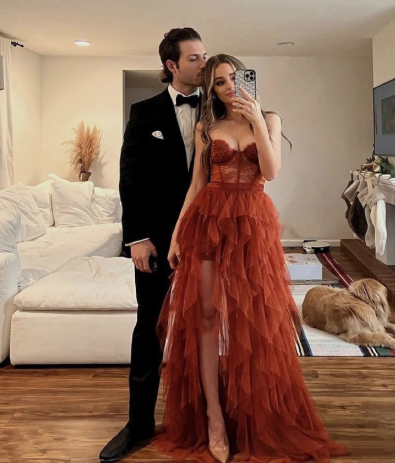 Rust Red High Low Prom Dresses Tiered Ruffles Lace Special Occasion Women Formal Gown See Through Split Long Party Dress 2024