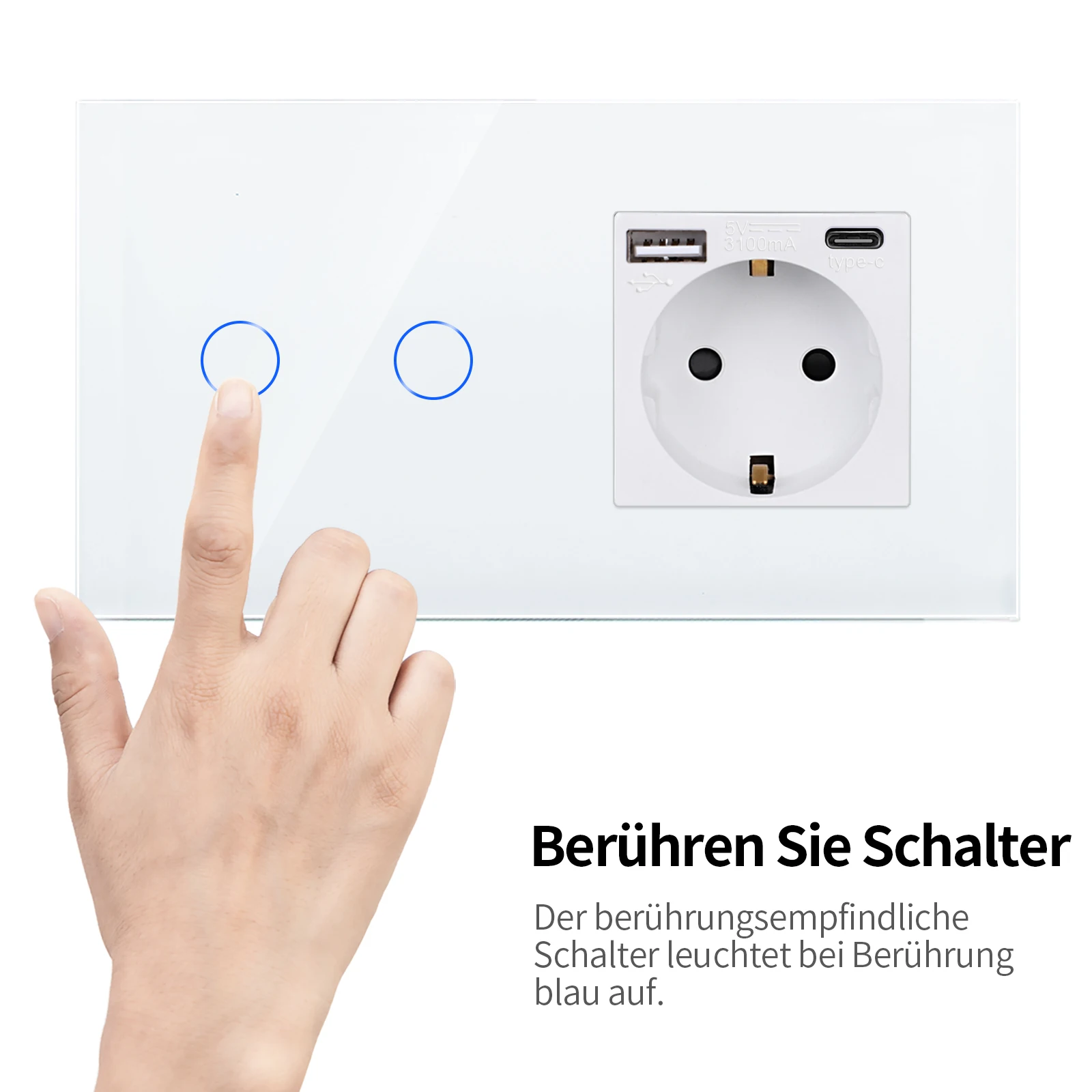 Dajimei Usb Type-C Interface Outlet Enkele Dubbele Eu Socket Met Wandlamp Touch Schakelaar 1/2/3/4Gang 1/2way Glazen Paneel