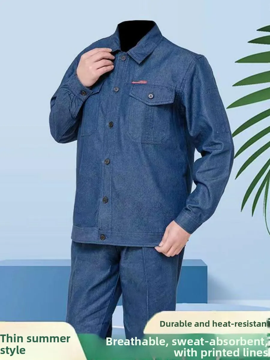 

Мужская летняя джинсовая спецодежда с длинным рукавом, тонкая, для сварки и ремонта, защитная, из смесовой хлопковой ткани, дышащая.