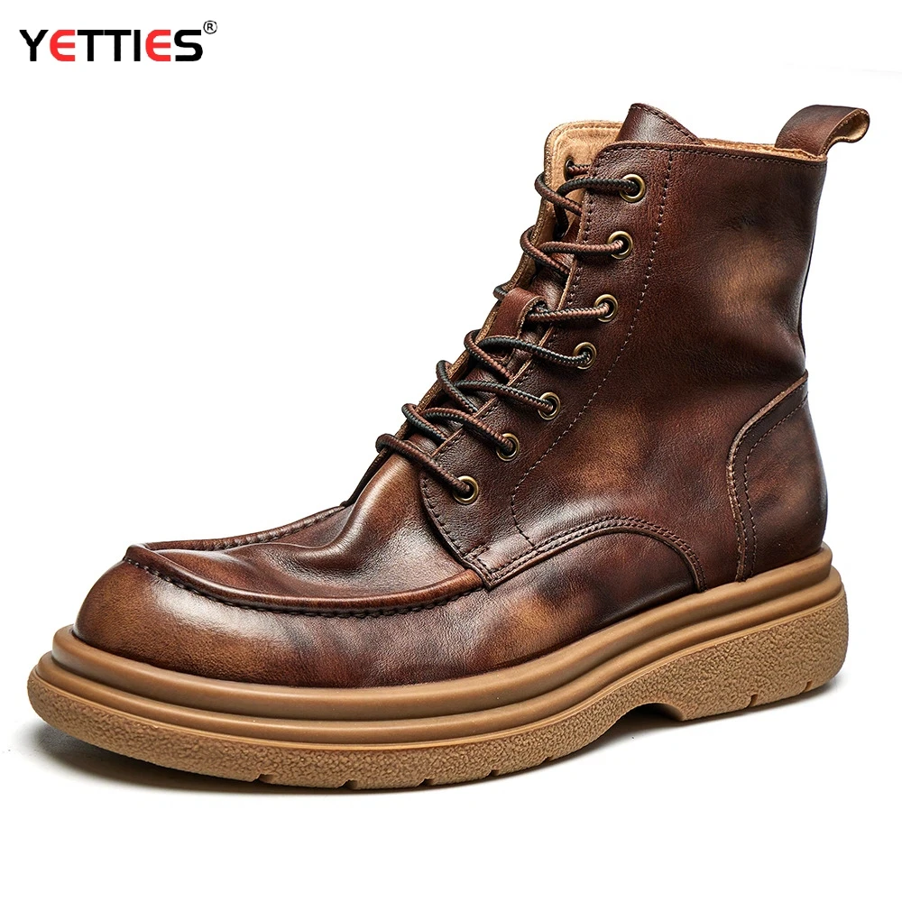 

Men's Genuine Leather Mid-Calf Combat Boots | British Retro Thick Sole Work Boots | Versatile High-Top Motorcycle Ankle Boots