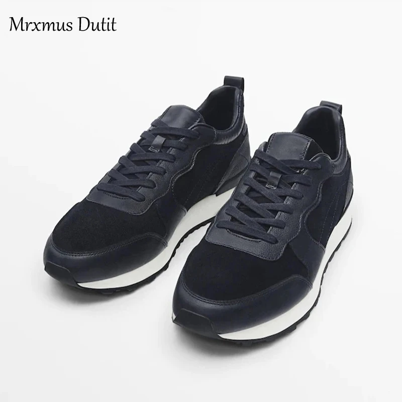 Mrxmus Dutit 2024 Fashion Men New Genuine Leather Round Neck Lacing Shoes Versatile Casual Solid Simple Commute Sneakers Male