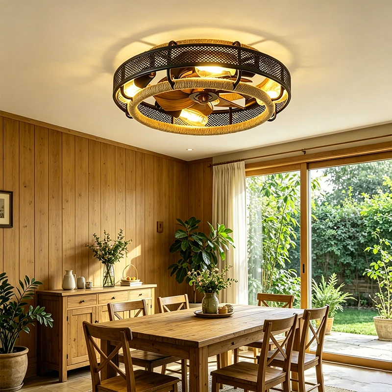 Hemp Rope Made Of Iron Ceiling Fan 50CM E27 ABS Fan Blade Electric Fan Bedroom Lamps Ndoor Lighting Household Ceiling Fan Light