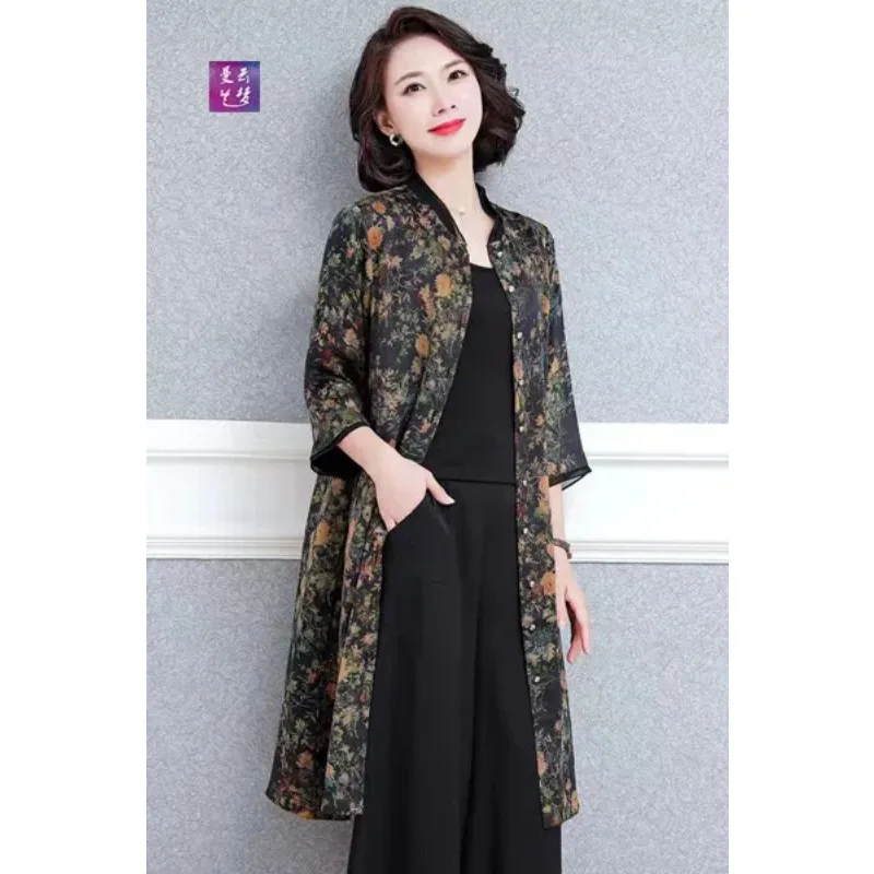 

Женский кардиган-пальто из тутового шелка с цветочным принтом, рукав три четверти, удлиненный, для зрелых женщин, распродажа