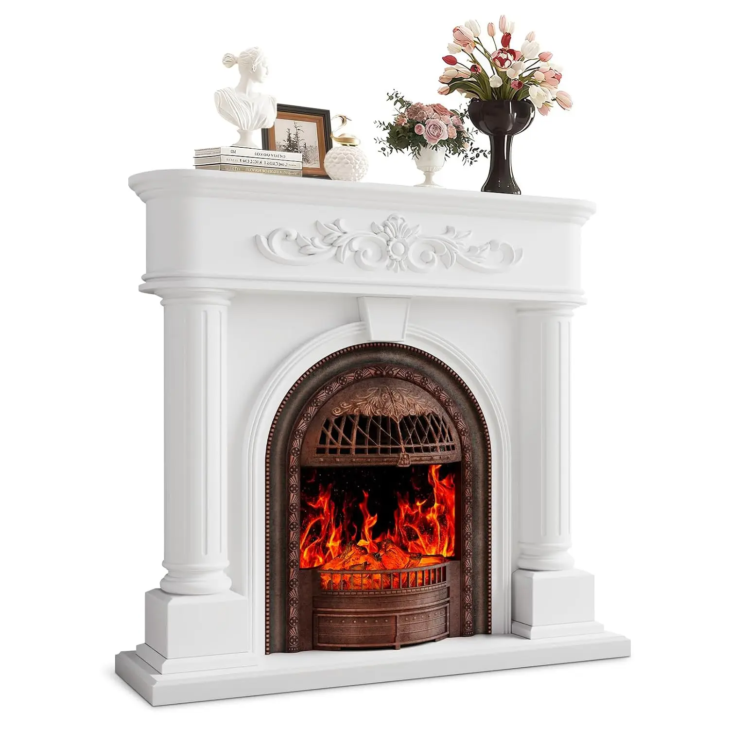 50” Solid Wood Electric Fireplace with Mantel, White Roman Column TV Stand with Bronze Birdcage Heater Insert,, Customized