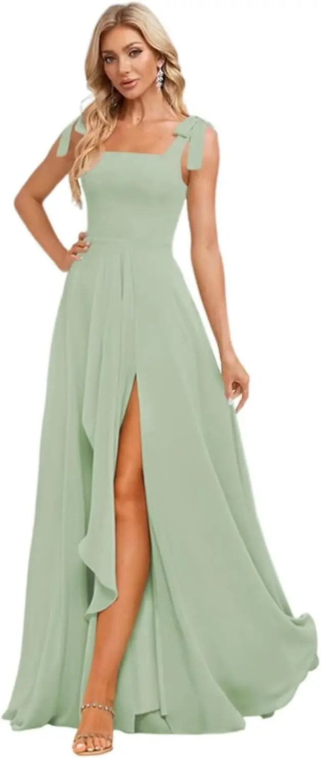 

Square Neck Pleated Long Bridesmaid Dress with Slit for Women Sleeveless A Line Ruffle Green Chiffon Evening Dresses for Wedding