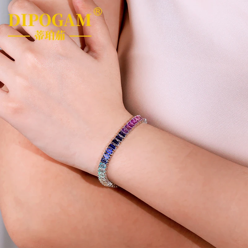 

Elegant Rainbow Multicolor Tennis Bracelet Rectangle Cut Lab Created Gemstone S925 Silver Trendy Party Women Statement Jewelry