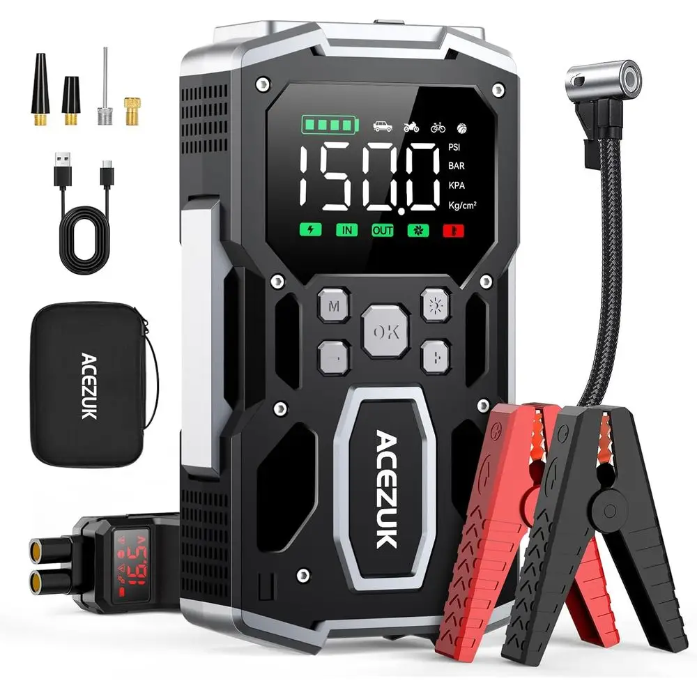 

Compact 8000A 150PSI Air Compressor Jump Starter for All Gas Cars up to 10.0L, 12V Battery Booster with 3.4 LCD, 2 Lights