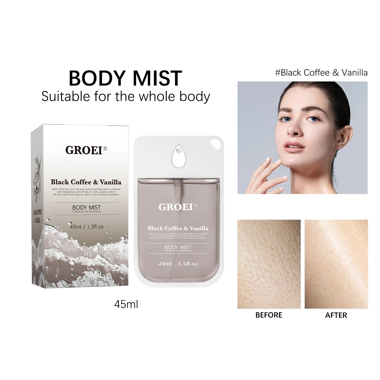 

GROEI Black Coffee Vanilla Body Mist 45 мл Спрей с натуральным ароматом для женщин и мужчин, стойкий увлажняющий спрей со свежим ароматом