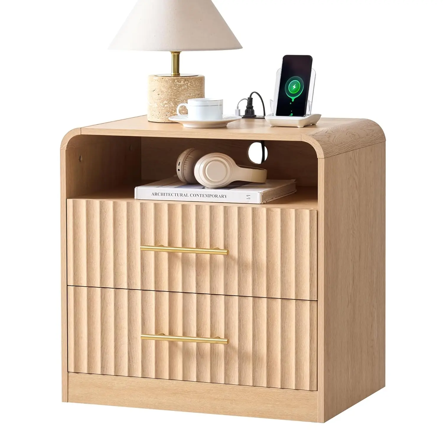 

Fluted Nightstand with Charging Station, 24" Modern Bedside Table with Metal Handle, Drawers & Open Shelves, Customized