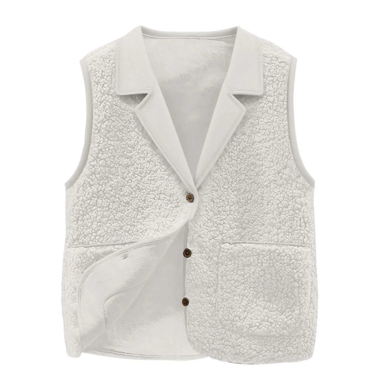 レディース シェルパフリースベスト、ラペルカラー、ボタンフロント、ポケット付き、秋冬用カジュアル暖かいノースリーブジャケットコート