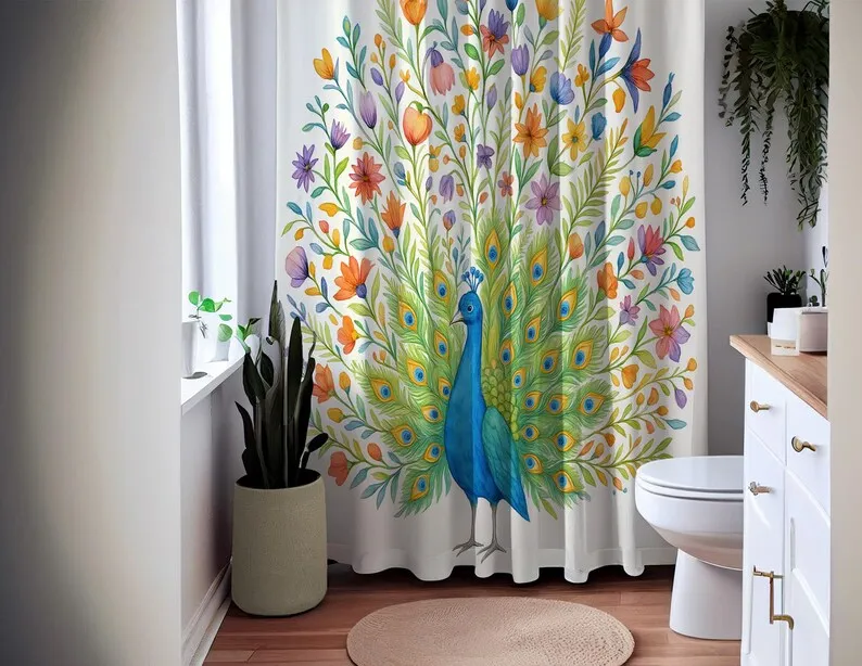Peacock Shower Curtain with Floral Tail, Colorful Boho Bird Bathroom Decor  Vibrant Botanical Illustration for Her