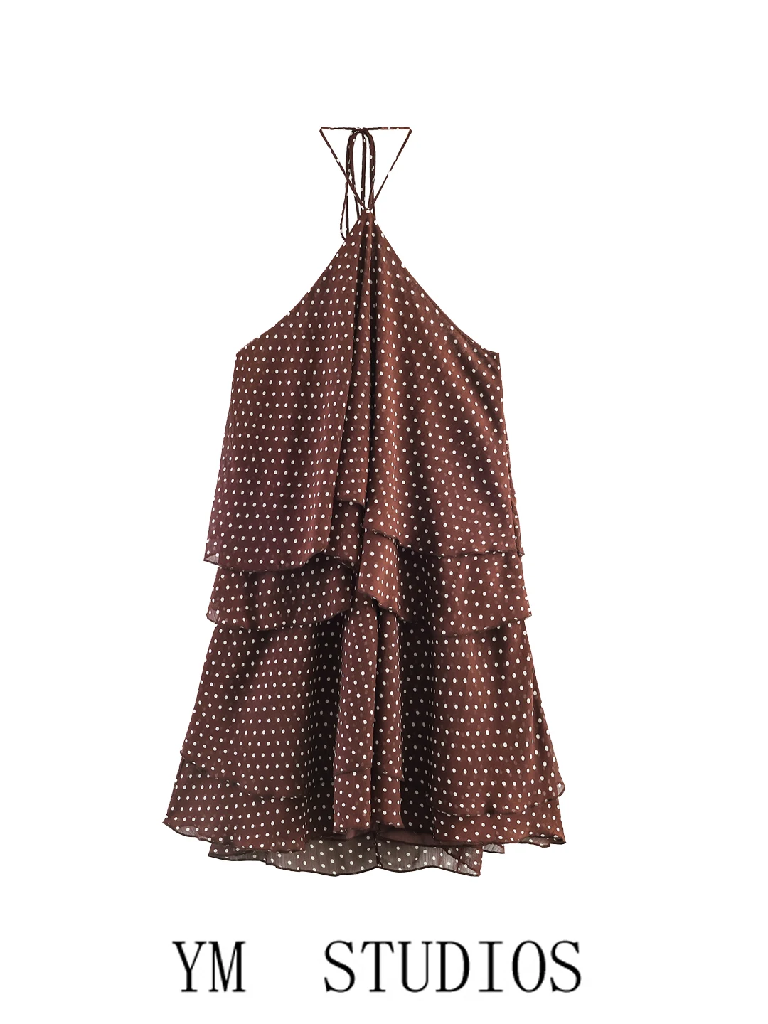 Omik Women's Polka Dot off Shoulder Chiffon Dress Flounce Layered Backless Skirt European Style A-Line Loose Fit Daily Wear