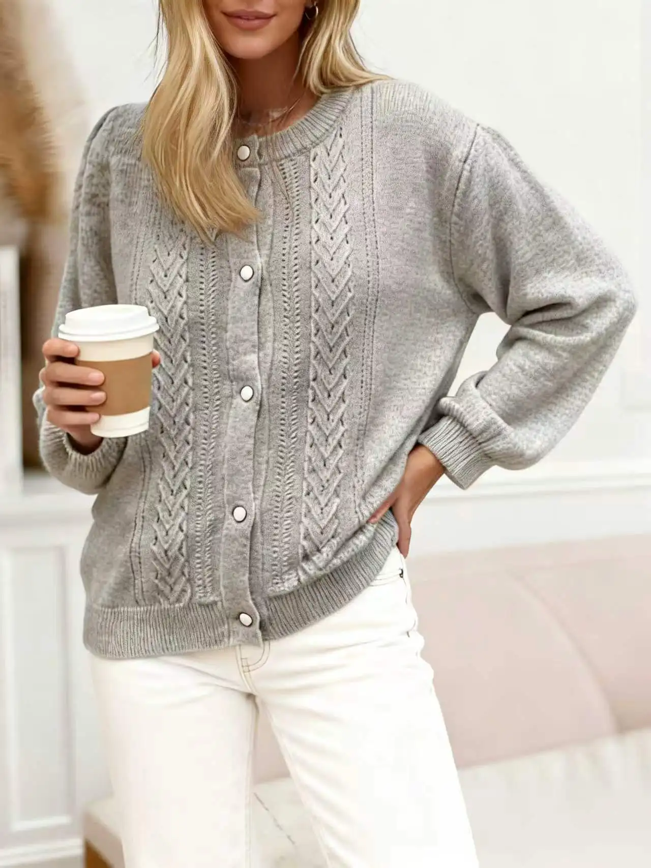 Plus Size Women's Chunky Cable Knit Cardigan – Vintage Button Down Sweater for Fall Winte