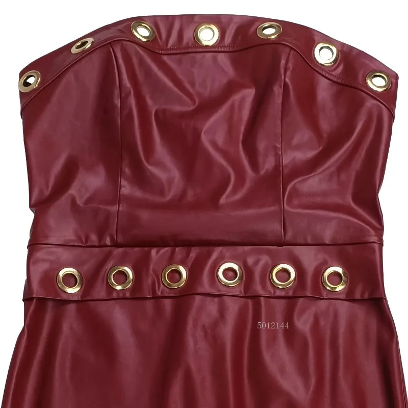 여성 아이렛 인조 가죽 바디콘 스트랩리스 바디콘 미디 드레스 2025 휴가 클럽 스트리트 섹시 파티 베스티도 드레스