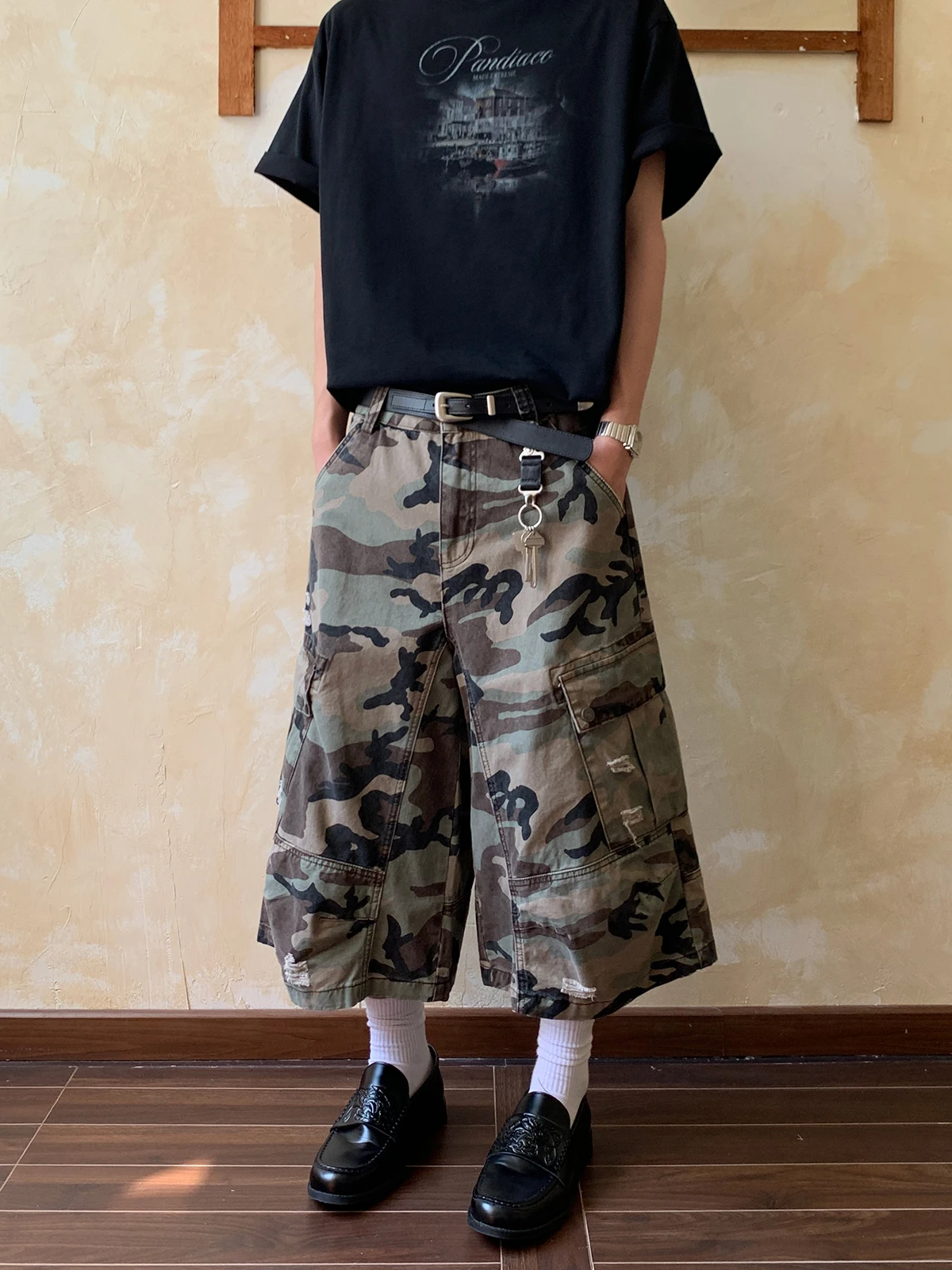 Oalin American Retro Camuflaje Ropa de trabajo Pantalones de siete pies Sueltos High Street Pierna ancha Pantalones versátiles Joven Primavera Summe...