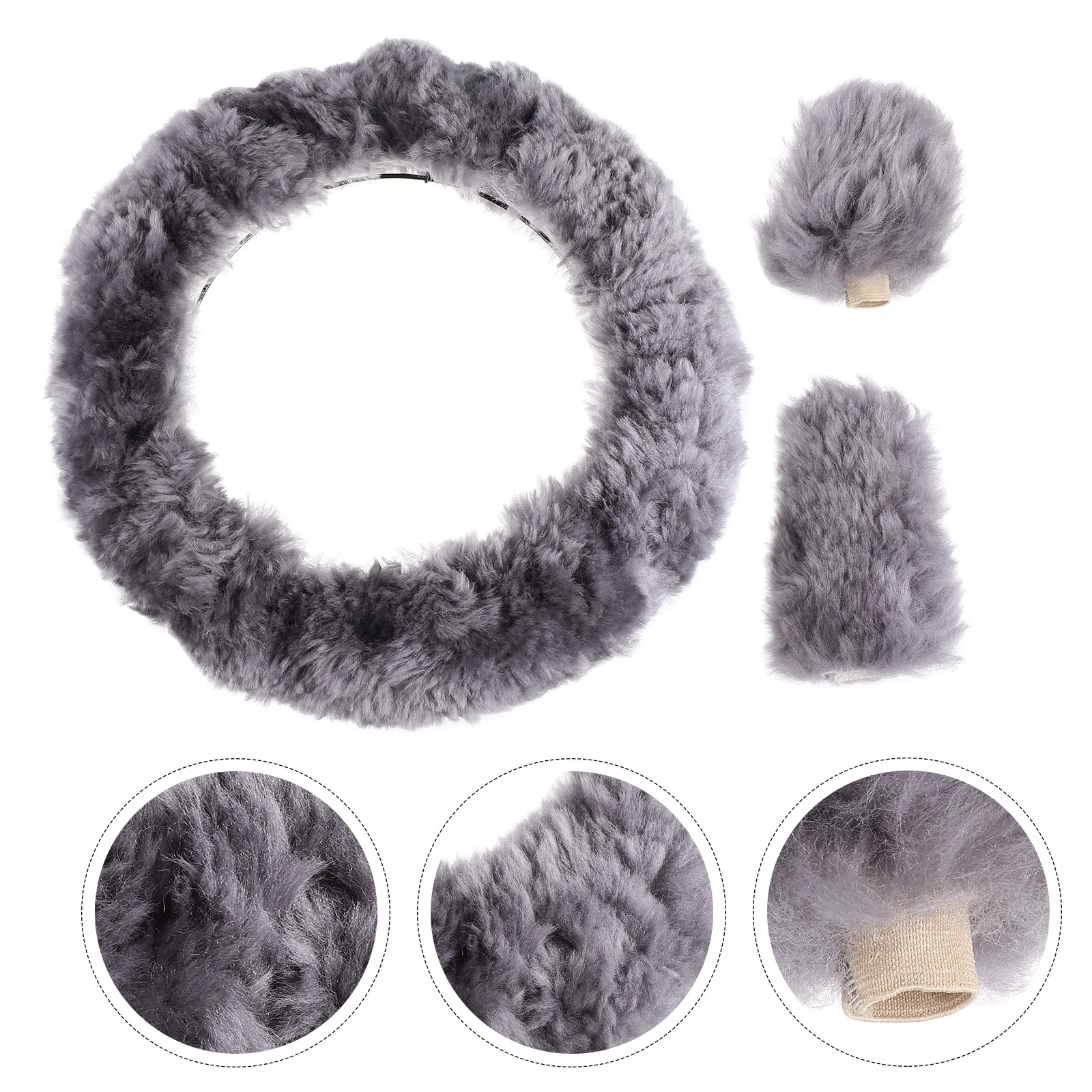 3Pcs Winter Warm Wool Steering Wheel Cover Set Grey Gear Handbrake Cover Car Interior Protection Steering Wheel Protector