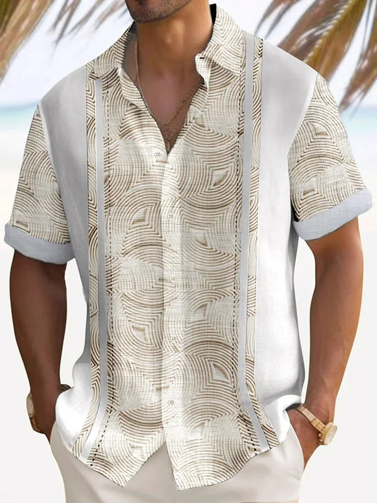 Men's light color floral 3D printed lapel short sleeve buttons light and breathable Hawaiian beach clothes business simple Top