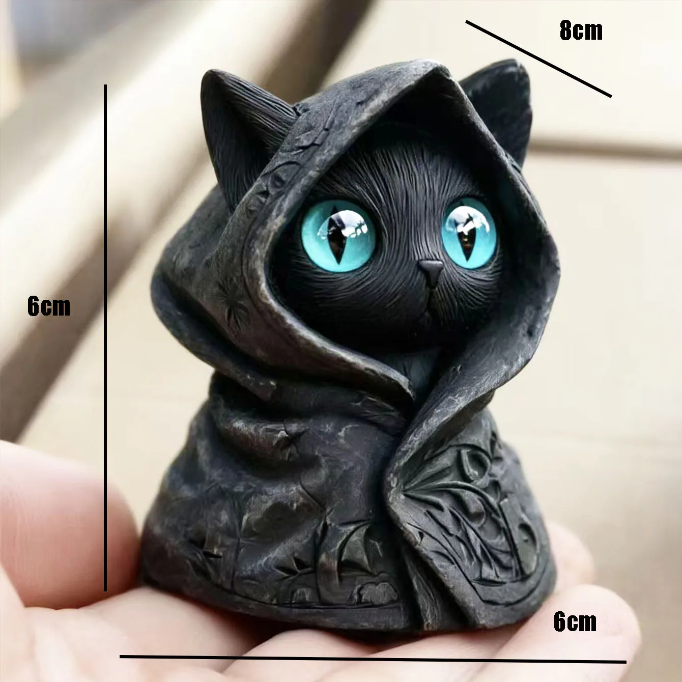 Niedliche Tier-3D-Druck-Katzenskulptur mit Kapuze, Gothic-Mysteriöse-Katzenstatue, Halloween-Heimdekoration – Detail 6