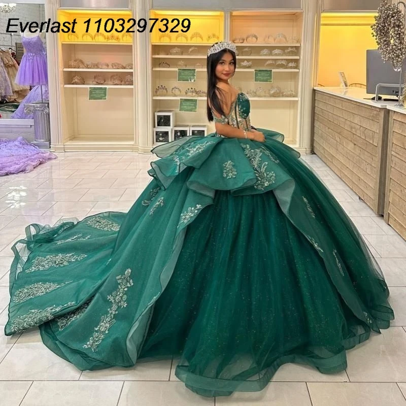 EVLAST-Vestido Quinceanera Verde Esmeralda, Applique Floral, Espartilho em Camadas, Vestido de Baile, Sweet 16, XV 15, 15 Anos, TQD730