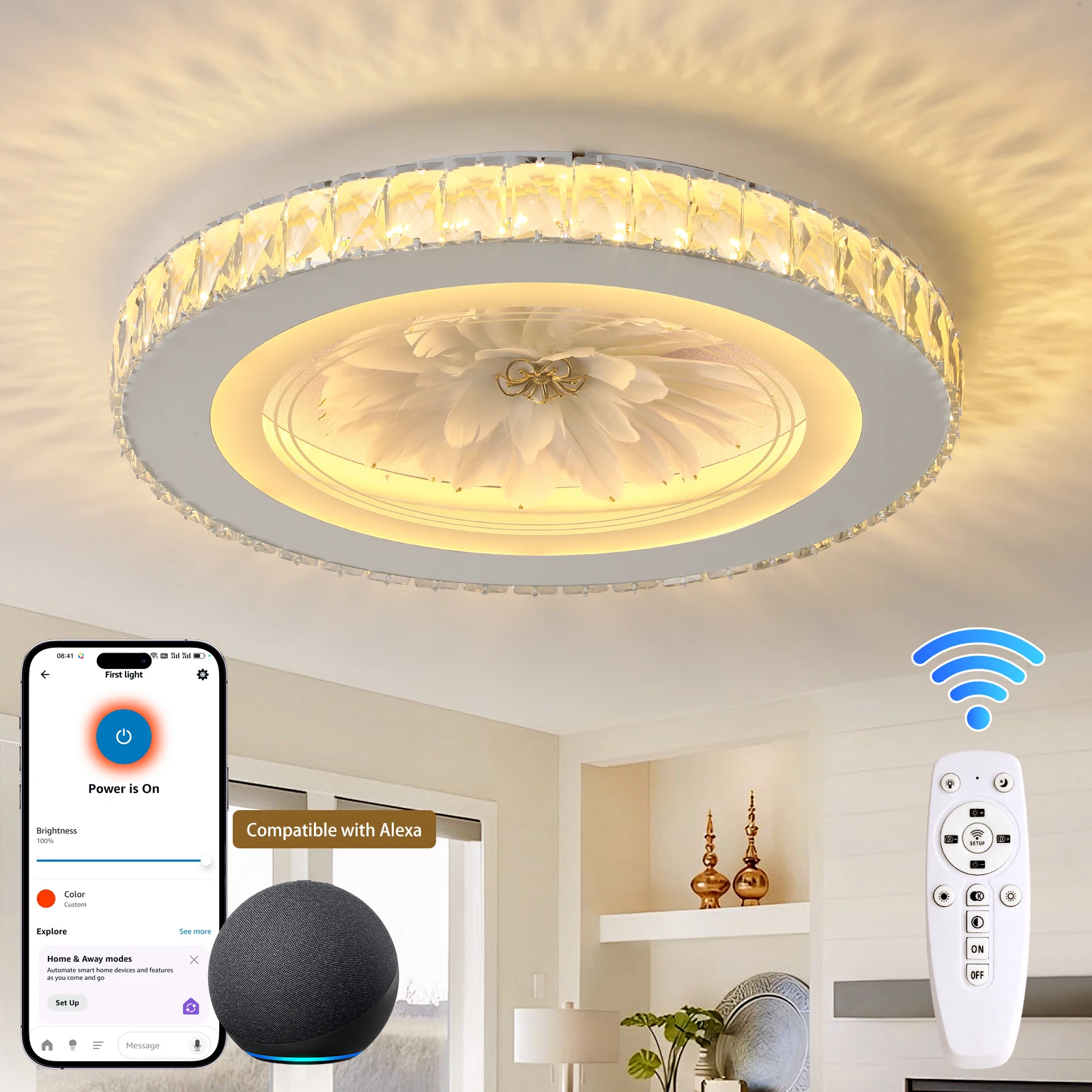 

49cm Smart Crystal LED Ceiling Light with Remote Dimmable Works with Alexa for Bedroom Kitchen Dining RoomHallway Living Room