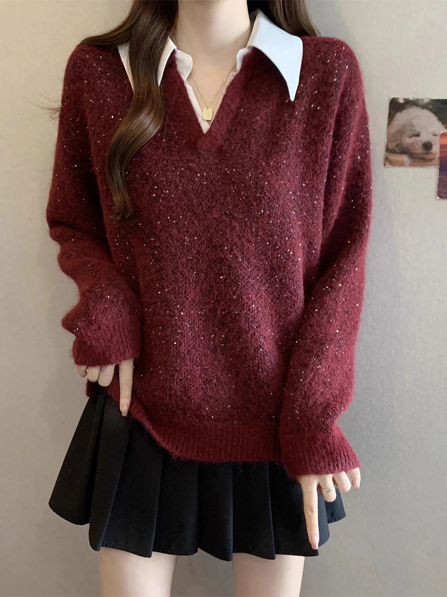 

iny винно-красный длинный све свитер женский повседневный свободный крой из мягкой ткани с откидным воротником зимний топ модная верхняя одежда Agel