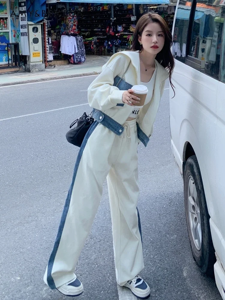 

Spring Autumn Korean Fashion Denim Stitching Casual Outfits Preppy Style Sailor Collar Zipper Coat Wide Leg Pants Two-Piece Set