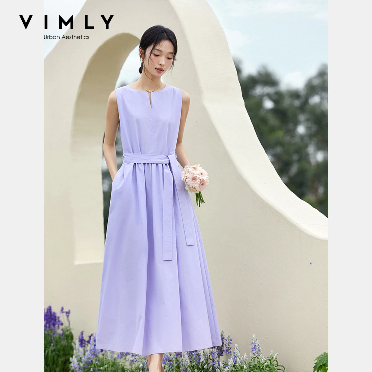 

VIMLY Long Vest Dresses 2025 Women's Summer French 100% Cotton A-line V-neck Wide Straps Tie Belt Sleeveless Woman Dress A1656