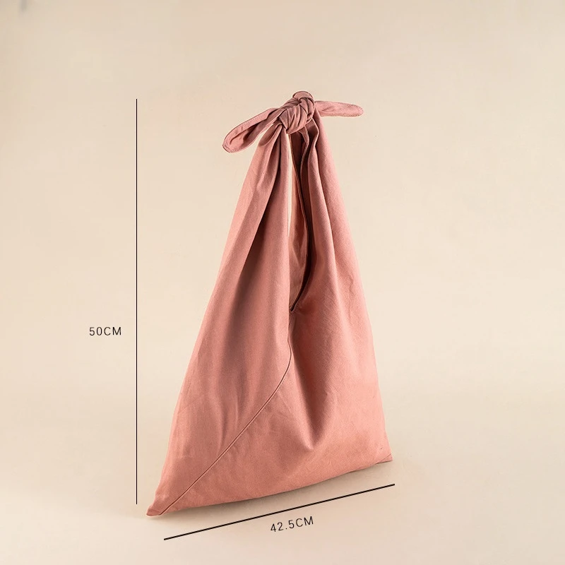 Summer New Solid Pink Color Cotton Tote Bag Japanese Style Large Capacity Foldable Simple Shoulder Bag Female Knotting Bag 2024