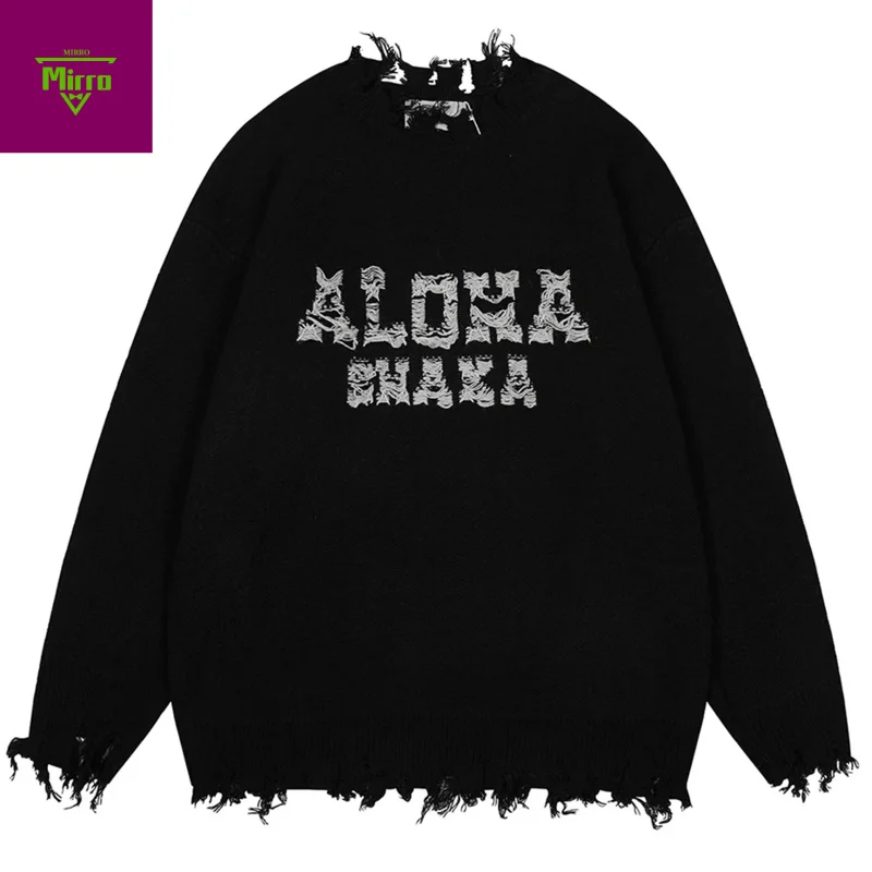 Vintage Men Sweaters Broken Tassel Pullover Sweaters Knit Jumpers Streetwear Harajuku Hip Hop Oversized Sweaters Knitwear