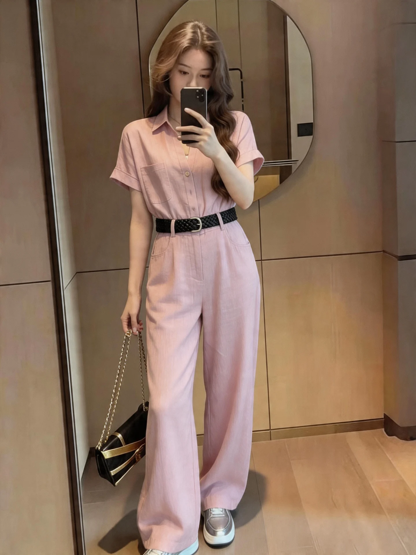 

Vintage Design Workwear Bib Overalls Women's High Waist Slimming Gown Pants Straight Leg Casual Wear Polyester Fiber