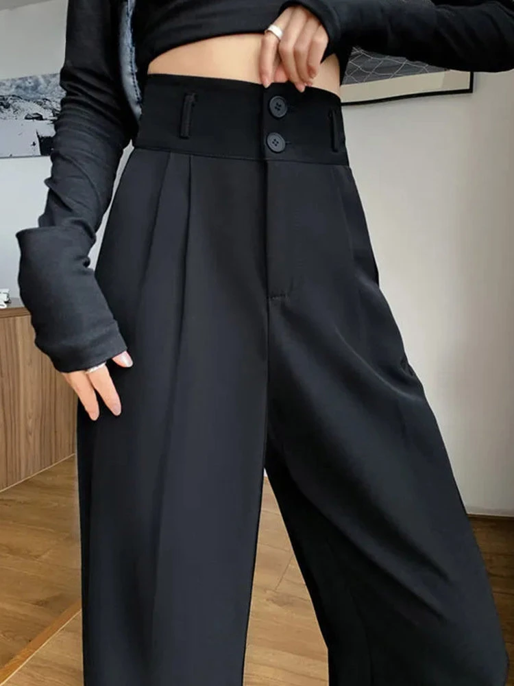 Black Suit Pants for Women Korean 2 Buttons Wide Leg Trousers Vintage Streetwear High Fashion Office Ladies Work Pants