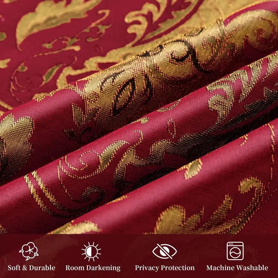 Rideaux de fenêtre en damassé rouge de luxe avec cantonnières et attaches en cascade, rideaux occultants classiques en jacquard 2 panneaux pour
