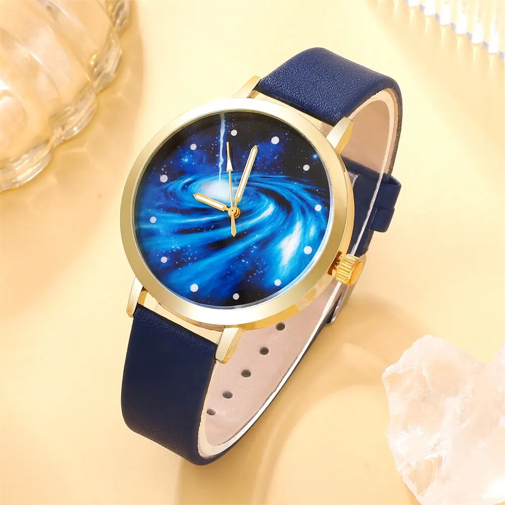 5PCS Set Women Starry Sky Dial Watch Brand Design Female Clock Blue Leather Band Ladies Watches Simple Casual Womens WristWatch